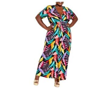 City Chic Womens Black Magic Surplice Maxi Dress Tropical Floral Coastal Plus 24